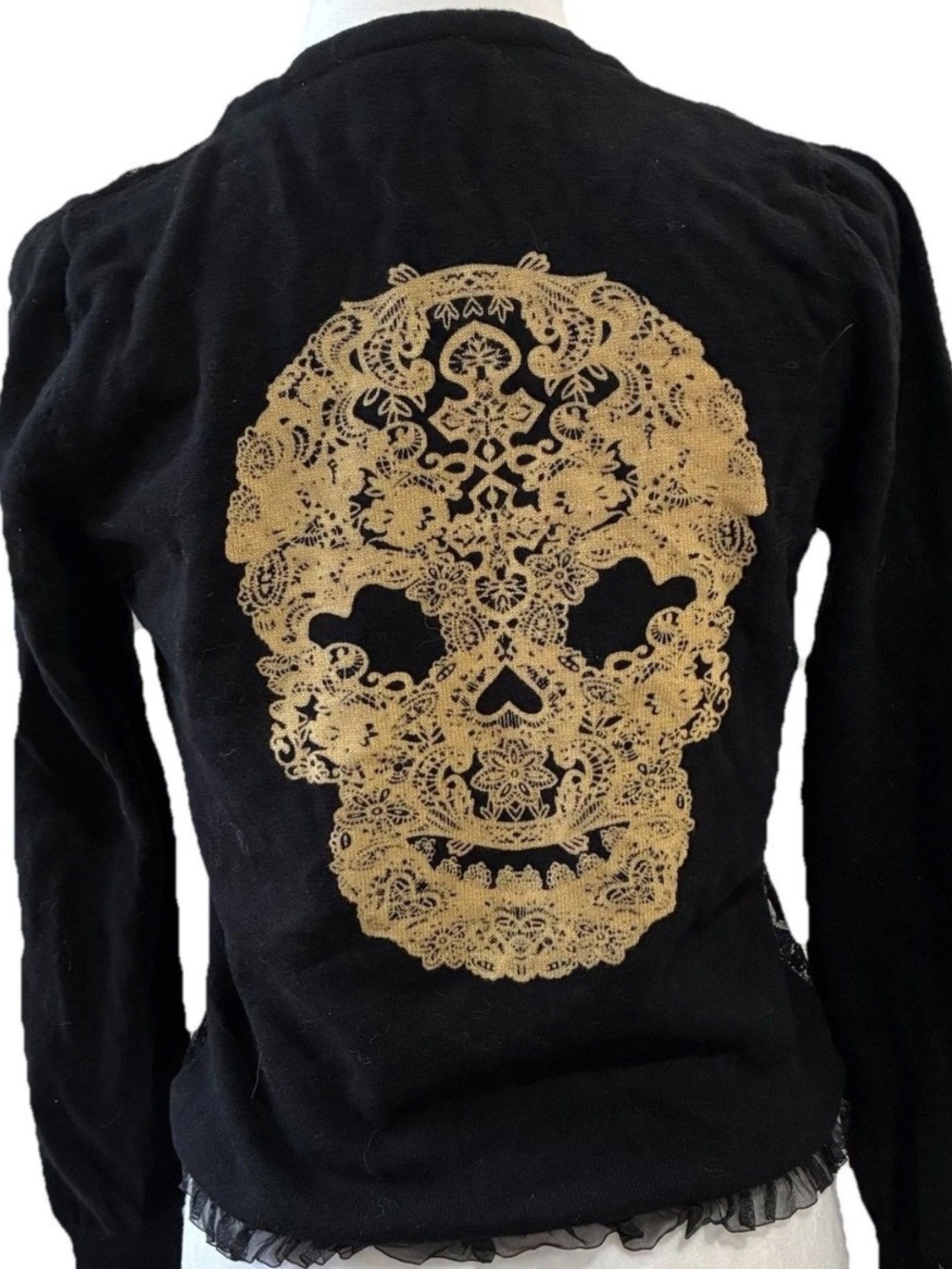 Hot Topic Too Fast Skull Blk Whimsigoth Lace Cardi Sweater Halloween Dead SZ Med
